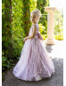 Rose Pink Sequin Tulle V Back Flower Girl Dress